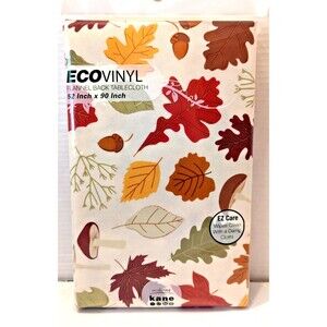Kane Eco Vinyl Fall Leaves Tablecloth Mushrooms Acorns Cream Red Green 52x90-in